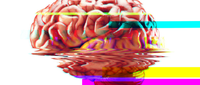 Realistic 3d Illustration of human brain failure concept with glitch effect